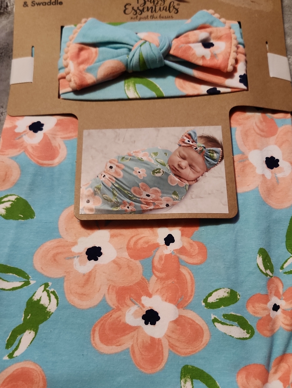 Baby Essentials Floral Headwrap & Swaddle Set - Aqua, Peach, Green